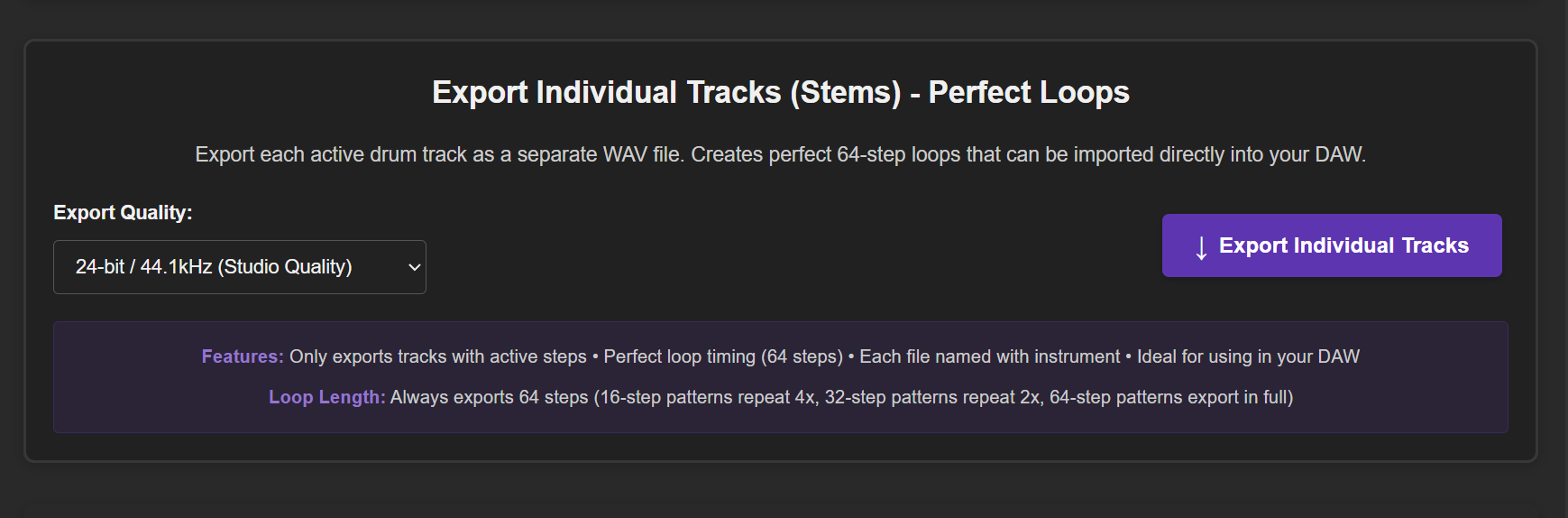 Individual Track Export interface in Lloyd's Online 808 Drum Machine showing export options and progress
