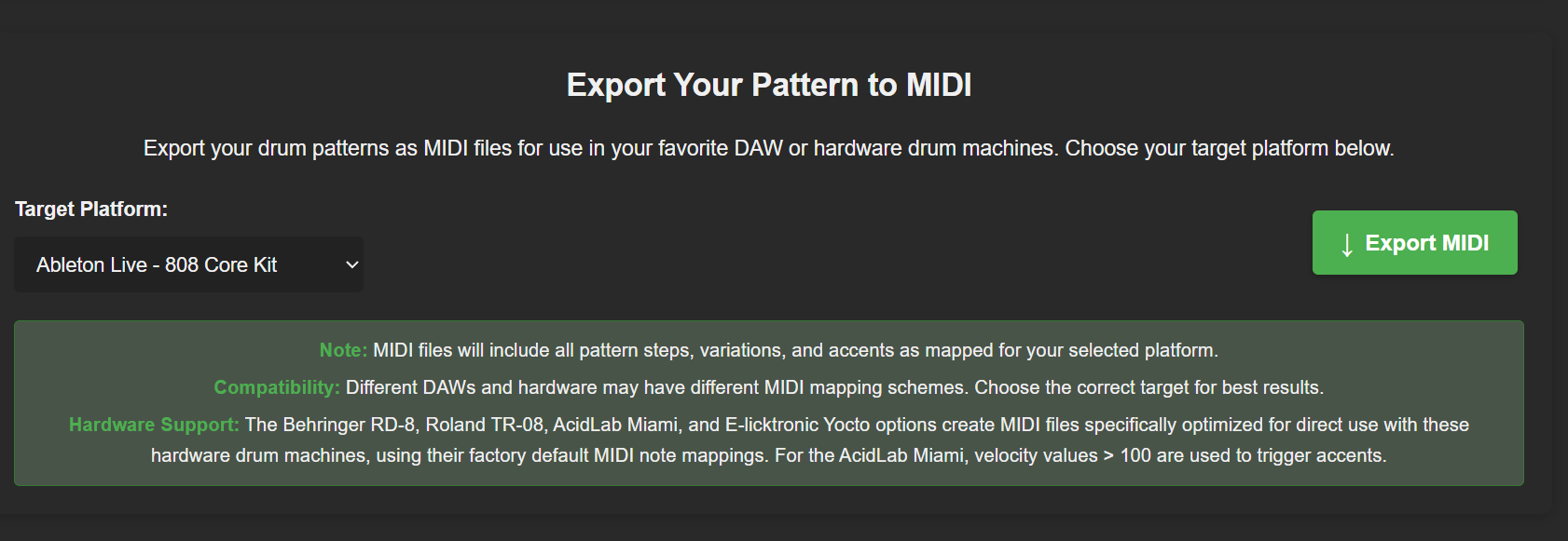 MIDI Export interface
