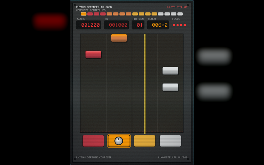 808 Defender rhythm game with red, orange, yellow and white TR-808 step buttons marching down four lanes