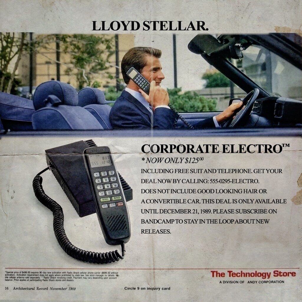 Fake 1989 magazine advertisement for Corporate Electro, with a man in a suit in a convertible holding a car phone, offering the deal for 125 dollars including a free suit and telephone