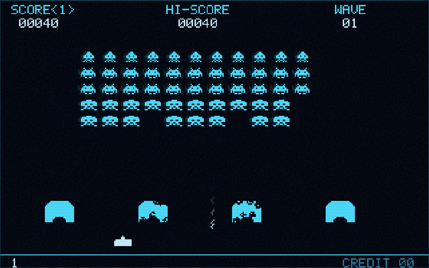 Stellar Invaders gameplay with cyan phosphor invaders, bunkers and laser cannon