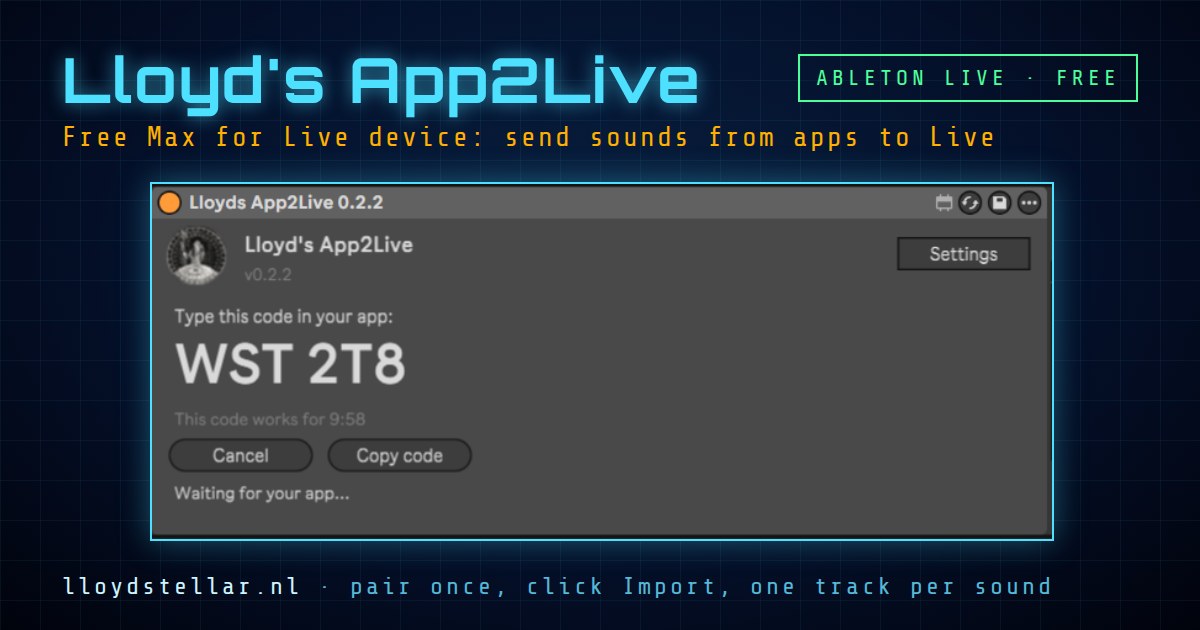 Lloyd's App2Live in Ableton Live, showing the pairing code WST 2T8 with a Copy code button