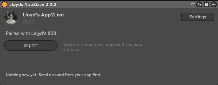 The Lloyd's App2Live device in Ableton Live, version 0.2.2, saying Paired with Lloyd's 808, with a large Import button and the Settings button