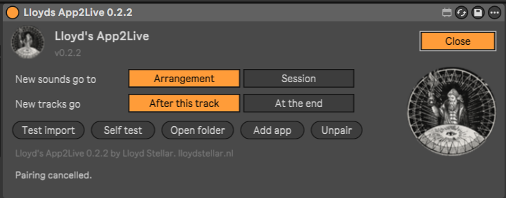 The settings of Lloyd's App2Live: New sounds go to Arrangement or Session, New tracks go After this track or At the end, and the buttons Test import, Self test, Open folder, Add app and Unpair, with the alchemist logo of Lloyd Stellar on the right