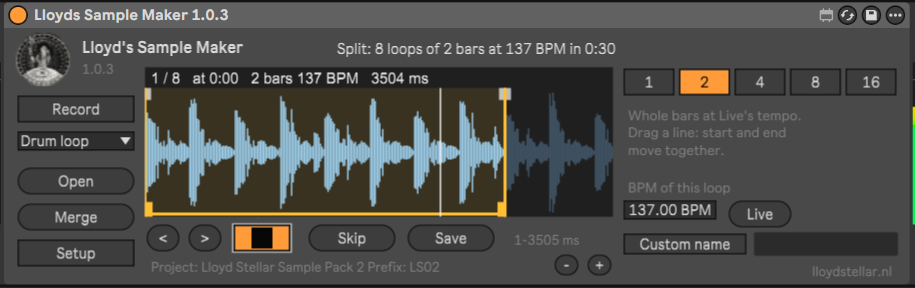 Lloyd's Sample Maker with Drum loop selected: the waveform of a drum loop of 2 bars at 137 BPM, buttons for 1, 2, 4, 8 and 16 bars, a BPM field and a Live button