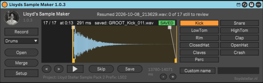 Lloyd's Sample Maker in Ableton Live with Drums selected: the waveform of a recorded kick between orange start and end lines, a SAVED tag, buttons for Kick, Snare, LowTom, HighTom, Rim, Clap, ClosedHat, OpenHat, Claves, Crash and Perc, and the Skip and Save buttons
