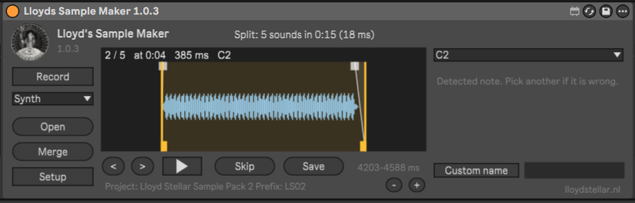 Lloyd's Sample Maker with Synth selected: the waveform of a sustained synth note, the detected note C2 in a menu on the right and the hint Detected note, pick another if it is wrong