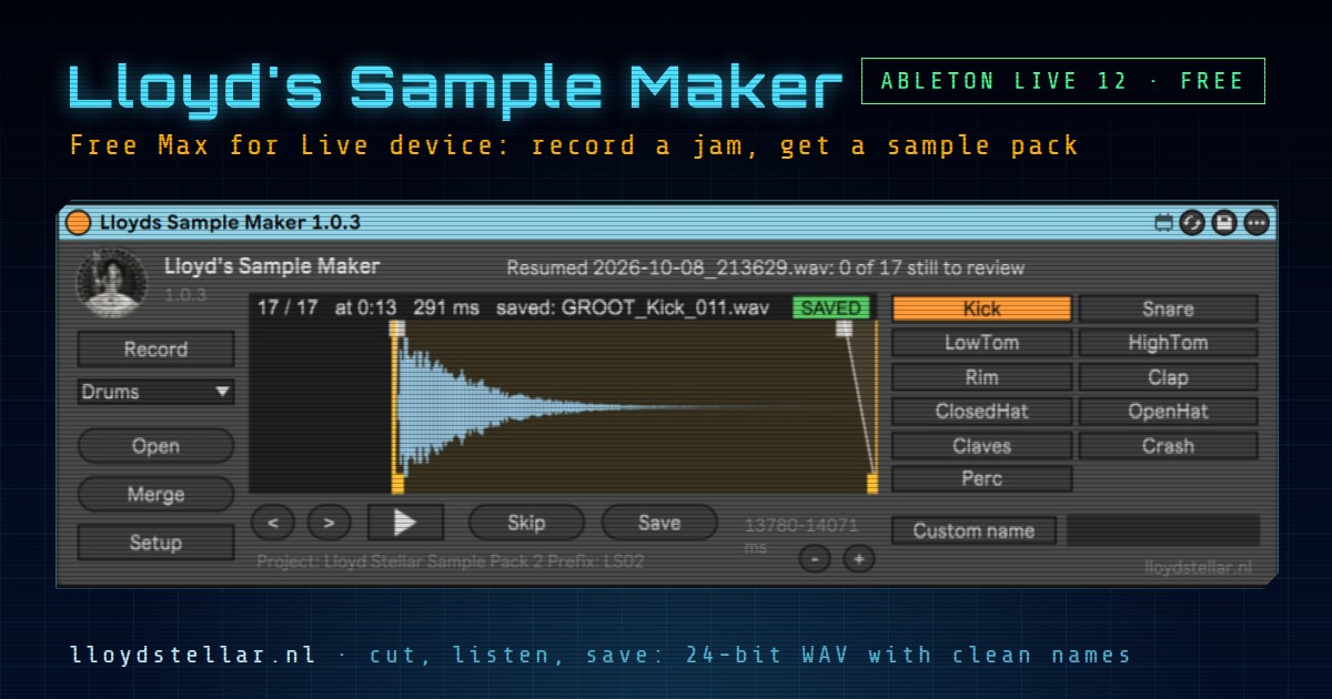 Lloyd's Sample Maker in Ableton Live: the waveform of a recorded kick between start and end lines, the drum type buttons and the Save and Skip buttons