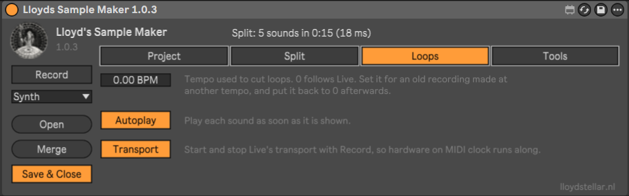 Setup, Loops page: a Loop BPM field at 0.00 BPM and the Autoplay and Transport switches