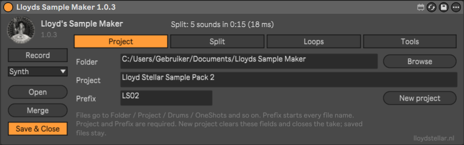 Setup, Project page: the folder with a Browse button, the project name, the prefix and a New project button