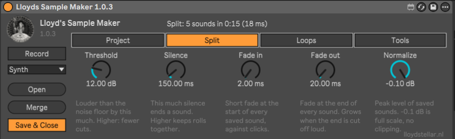 Setup, Split page: five dials for Threshold 12 dB, Silence 150 ms, Fade in 2 ms, Fade out 20 ms and Normalize -0.1 dB