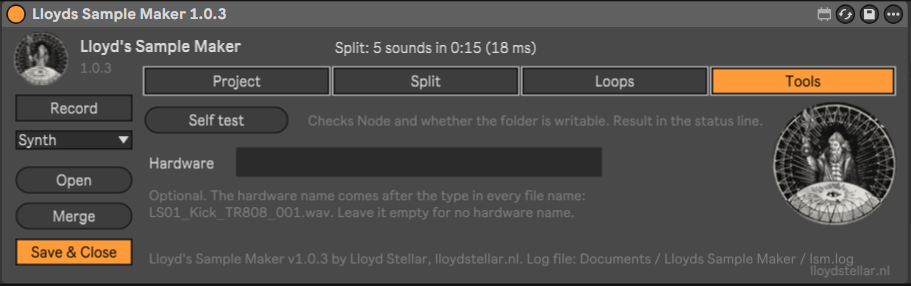 Setup, Tools page: a Self test button, the Hardware name field for file names, the version line and the location of the log file, with the alchemist logo of Lloyd Stellar on the right