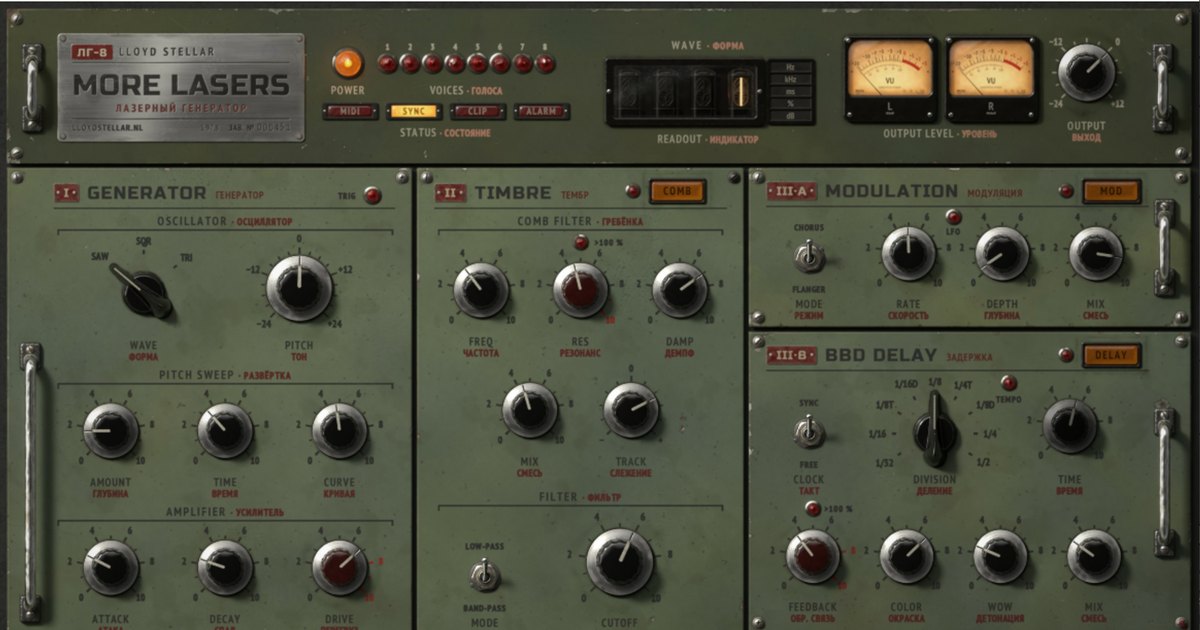 The new More Lasers panel in olive-green steel with black knobs, red lamps, a Nixie tube readout and two VU meters