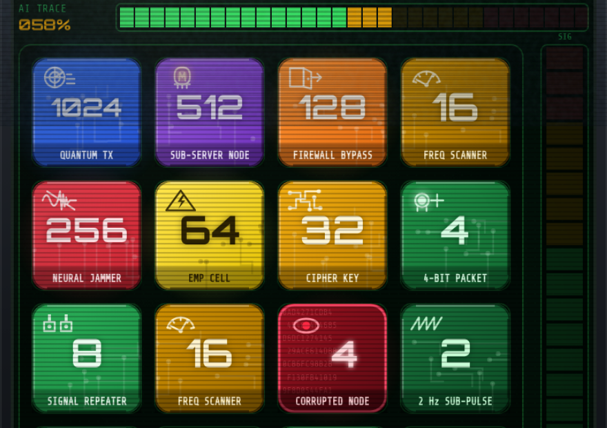 2048 Override game screen: a green phosphor CRT terminal with glowing hardware tiles on a 4 by 4 grid