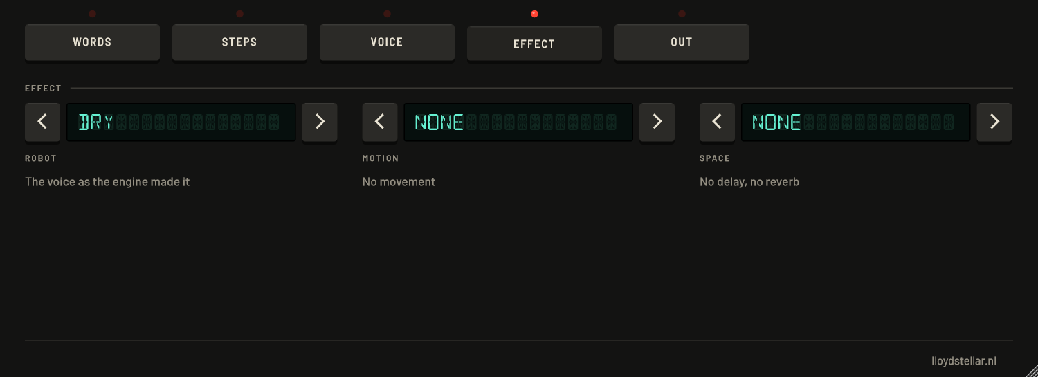 The EFFECT page of Robot Vocal with three displays: ROBOT set to Dry, MOTION set to None and SPACE set to None, each with a line of explanation below it