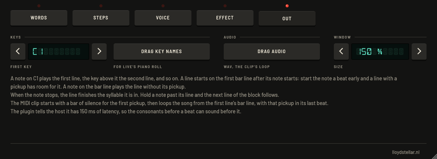 The OUT page of Robot Vocal: FIRST KEY set to C1, the buttons DRAG KEY NAMES for Live's piano roll and DRAG AUDIO for a WAV of the clip's loop, the window SIZE at 150 percent, and a few lines that explain how the keys play