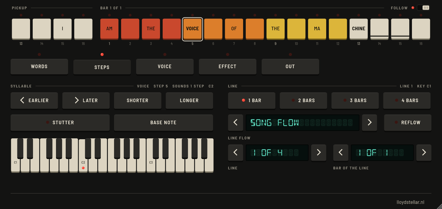 The STEPS page of Robot Vocal: the syllable VOICE chosen with a white ring on step 5 of the step row, buttons Earlier, Later, Shorter, Longer, Stutter and Base Note, a small keyboard with a red dot on C2, and on the right buttons for 1 to 4 bars, Song Flow and Reflow