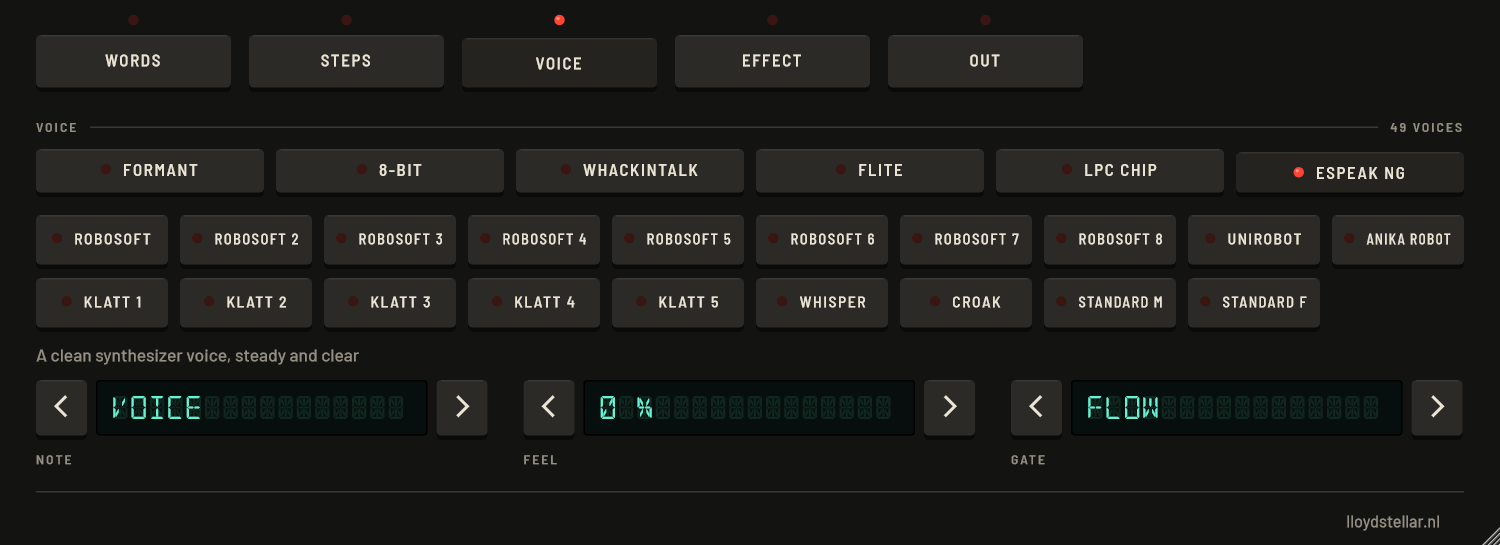The VOICE page of Robot Vocal with the ESPEAK NG bank lit: Robosoft 1 to 8, Unirobot, Anika Robot, Klatt 1 to 5, Whisper, Croak, Standard M and Standard F