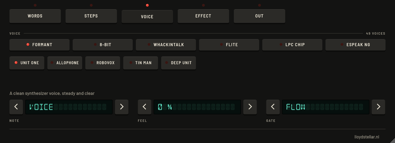 The VOICE page of Robot Vocal with the FORMANT bank lit: the voices Unit One, Allophone, Robovox, Tin Man and Deep Unit, and the NOTE, FEEL and GATE displays