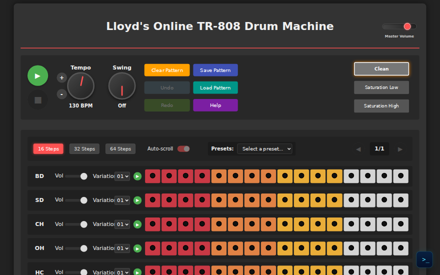 Lloyd's Online TR-808 Drum Machine: tempo and swing knobs, pattern buttons and rows of red, orange, yellow and white step buttons