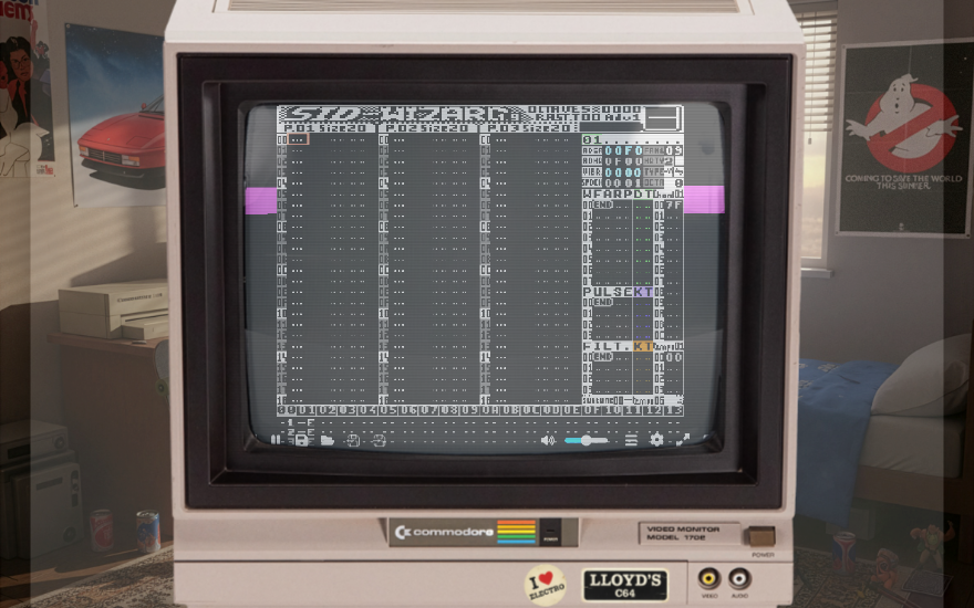 Lloyd's Online Commodore 64: SID-Wizard running on a Commodore 1702 monitor in a 1980s bedroom