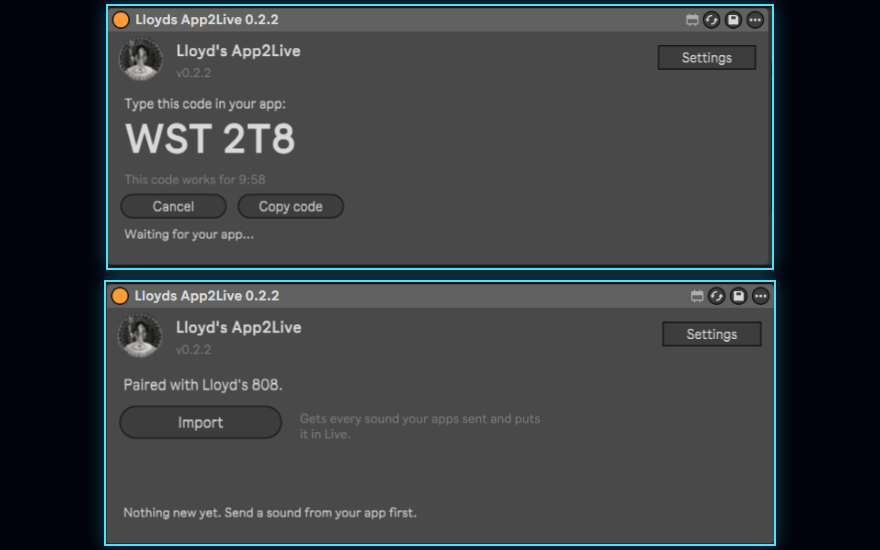 Lloyd's App2Live in Ableton Live: the pairing code WST 2T8 with a Copy code button, and below it the device paired with Lloyd's 808 and its Import button