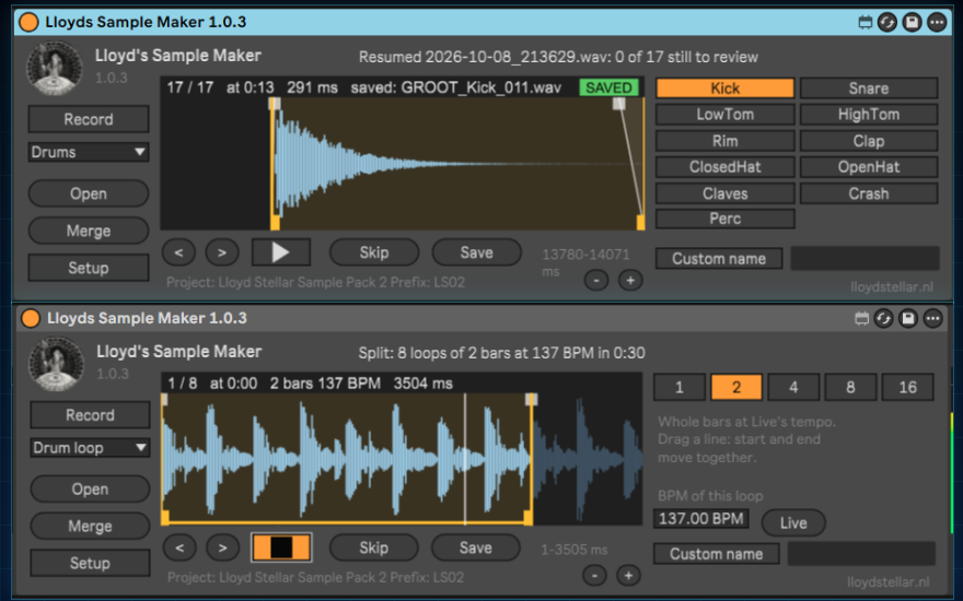 Lloyd's Sample Maker Max for Live device in Ableton Live: the waveform of a recorded kick with the drum type buttons, and a drum loop of 2 bars