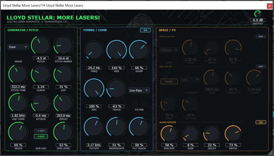 Lloyd Stellar: More Lasers VST3 plugin interface with the generator, comb filter and effects panels