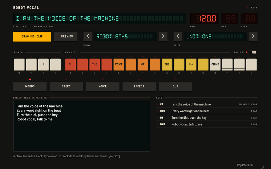 The Robot Vocal plugin panel: the line I am the voice of the machine on a green display, 120 BPM in red digits, the flow Robot 8ths, the voice Unit One and the syllables on a row of coloured step keys