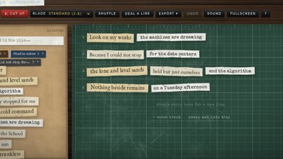 The Bowie Lyrics Cutter workbench: a kraft paper tray full of cut strips next to a green cutting mat with four lines of glued phrases