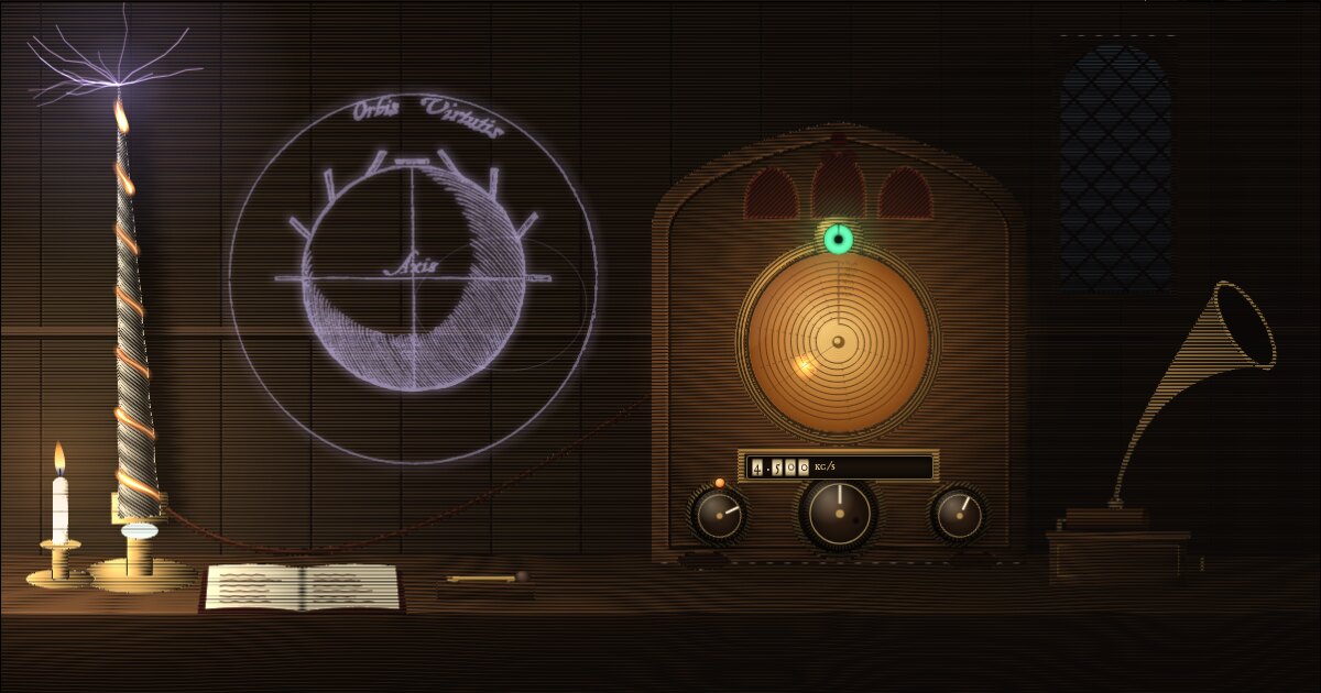 An engraving at night: a narwhal tusk wound with copper wire beside a walnut valve radio with a glowing spiral dial, and William Gilbert's drawing of the Earth as a magnet glowing violet in the dark