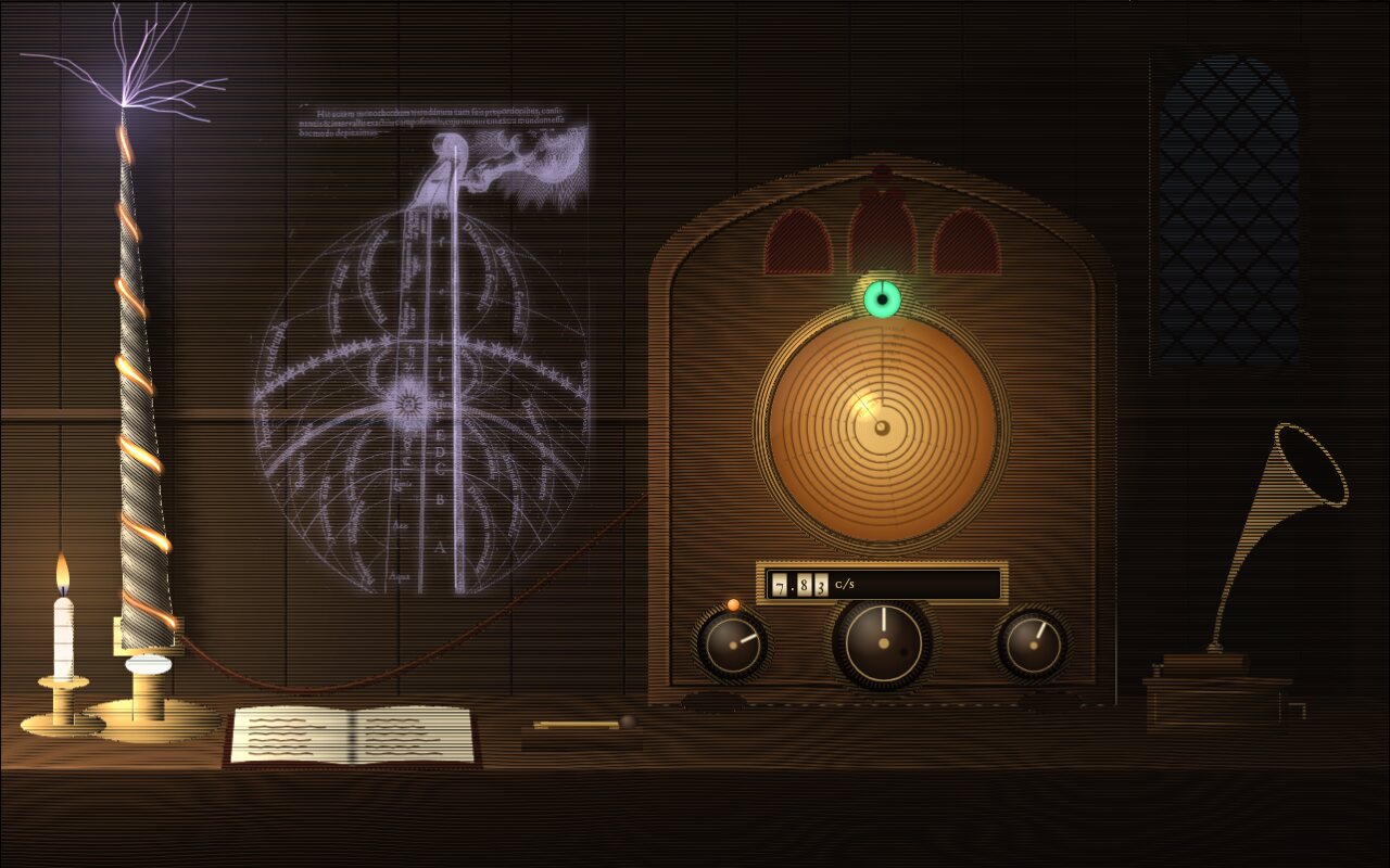 A narwhal tusk wound with copper wire stands on a brass foot beside a walnut valve radio with a pointed arch, a round spiral dial and a green tuning eye; a candle burns on the left, a phonograph stands on the right
