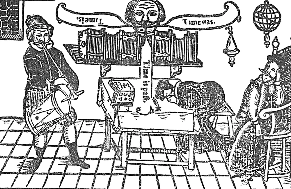 Woodcut from the title page of the 1630 edition of Friar Bacon and Friar Bungay: Miles playing pipe and drum on the left, the brass head on a shelf of books speaking on three scrolls, Time is, Time was, Time is past, and two friars asleep, one over a table and one in a chair