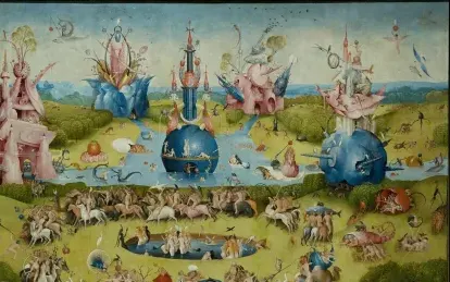 The blue globe with the tower, detail of The Garden of Earthly Delights