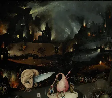 The burning city, detail of The Garden of Earthly Delights