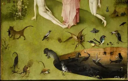 The dark pool and the reader, detail of The Garden of Earthly Delights