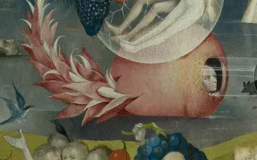 The pink flower and the glass tube, detail of The Garden of Earthly Delights