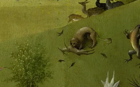 A lion eats a deer, detail of The Garden of Earthly Delights
