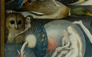 The owl at the left edge, detail of The Garden of Earthly Delights