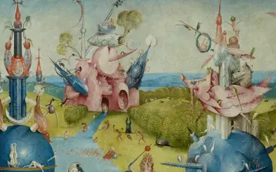 The pink tower on the right, detail of The Garden of Earthly Delights