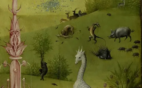 Strange beasts on the hill, detail of The Garden of Earthly Delights