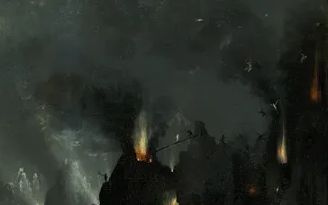 The fire on the mountain, detail of The Garden of Earthly Delights