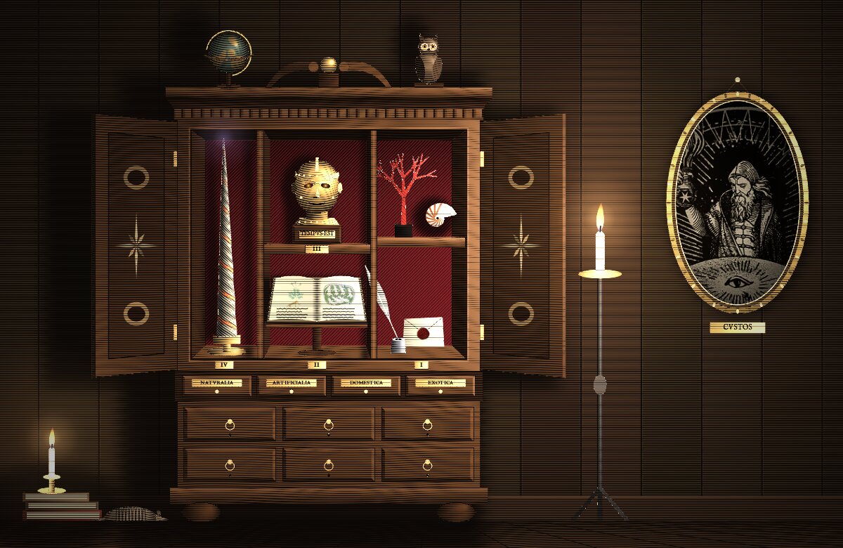 An engraving by candlelight of a walnut cabinet of curiosities with its doors open. On the shelves, against red velvet: a narwhal tusk wound with copper wire, a head of brass on a pedestal marked TEMPVS EST, an open manuscript with a strange plant and green pools of bathers, a coral and a nautilus shell, an inkwell with a quill and a letter sealed in red wax. Drawers below are labelled Naturalia, Artificialia, Domestica and Exotica. A globe and an owl stand on top, a candle burns beside it, and on the wall hangs the oval portrait of an alchemist holding a flaming flask.