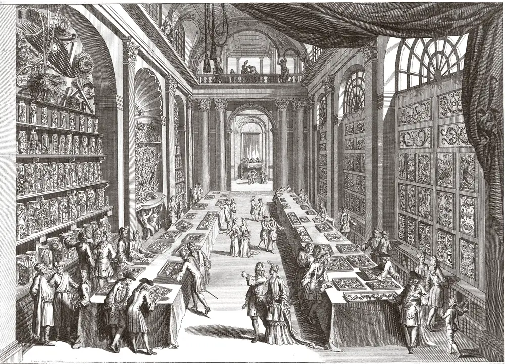 Etching of a long hall lined with tall cabinets, their doors open on shelves of jars and panels of shells arranged in patterns, with gentlemen and ladies studying drawers laid out on long tables down the middle