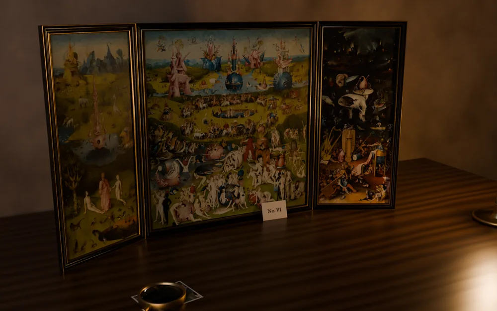 A detail of Hieronymus Bosch's triptych The Garden of Earthly Delights in a carved frame