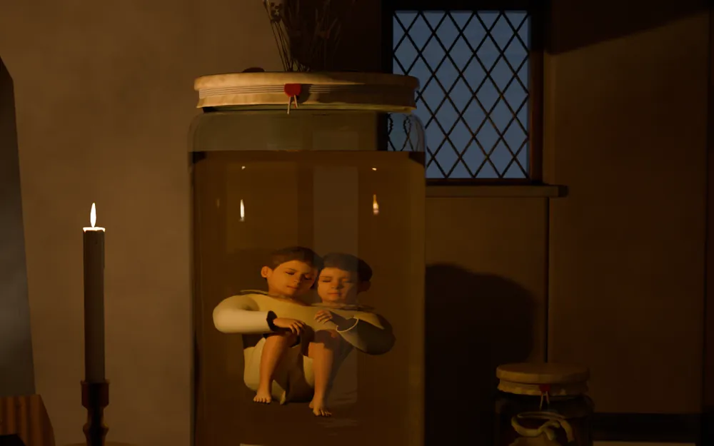 A tall jar of golden spirit on a velvet-covered shelf by candlelight with a small two-headed boy asleep inside, crowned with dried flowers and shells