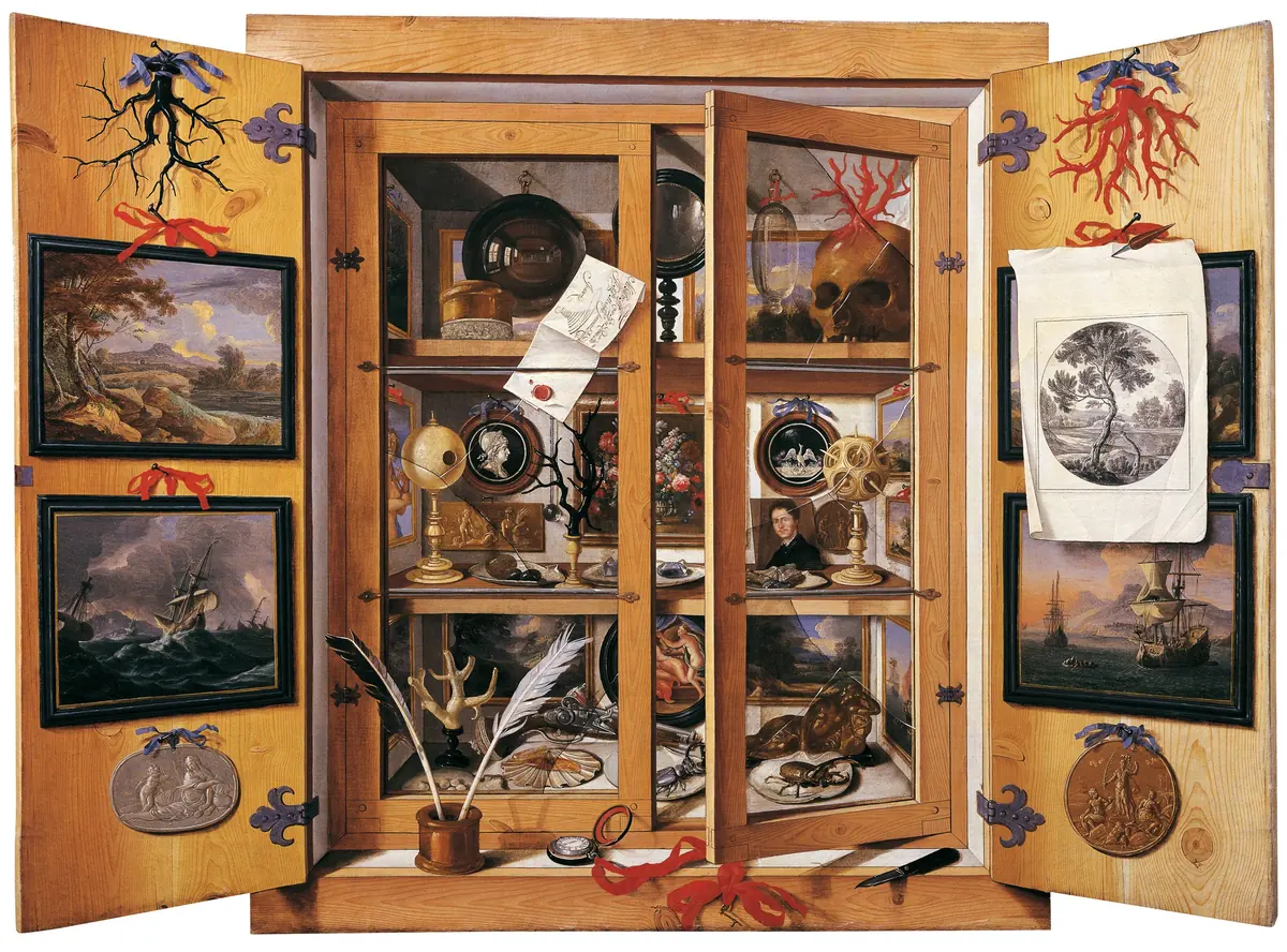 Painting of a wooden cabinet with both doors open: red and black coral and small paintings on the doors, and inside, on shelves behind a half-open glass door, a skull, a convex mirror, turned spheres, shells, beetles and medallions, with quills in an inkpot and a letter with a red seal