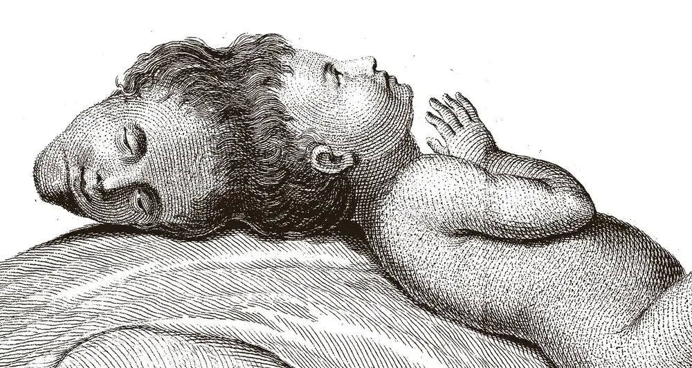 Engraving of a small child lying on his back on a cushion with his hands folded on his chest and his eyes closed; a second head, upside down, is joined to the top of his own