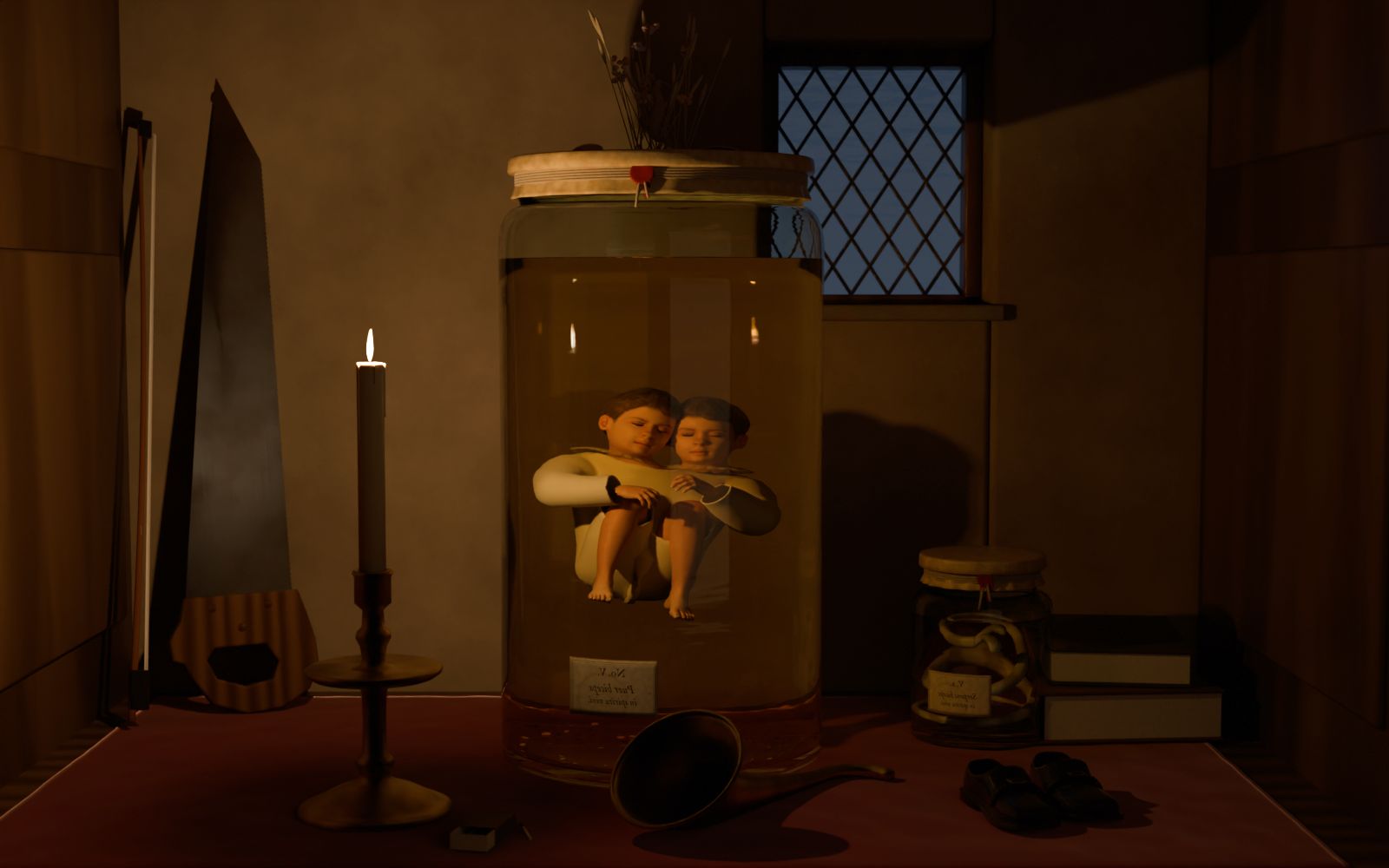 A tall glass jar of golden spirit on an oak shelf with a red velvet cloth, by the light of one candle. Inside floats a small boy with two heads, asleep, in a linen shirt with lace collars. Beside the jar: a smaller jar with a two-headed snake, a pair of small black shoes, a brass ear trumpet, a box of matches, a singing saw with its bow and two old books; behind it a leaded window at night.